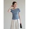 Blue polka dot slanted shoulder off-shoulder short-sleeved t-shirt women's summer slim-fitting and thin temperament versatile top