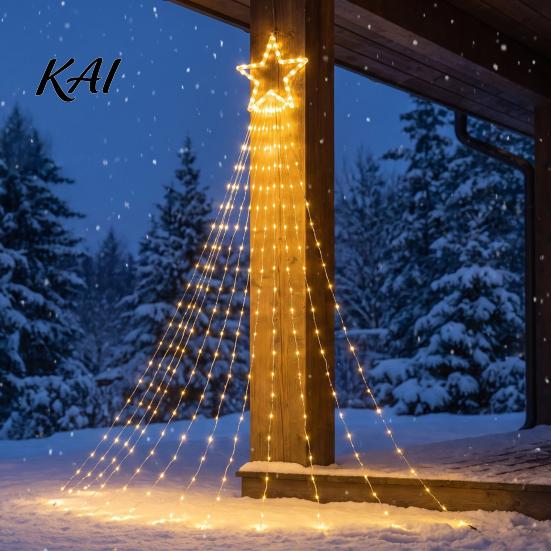 Garden Fence Star Decorations Solar Christmas Tree Waterfall Light, 11.5FT 346 LED Powered String Light Safe Touch Set with Moon Topper