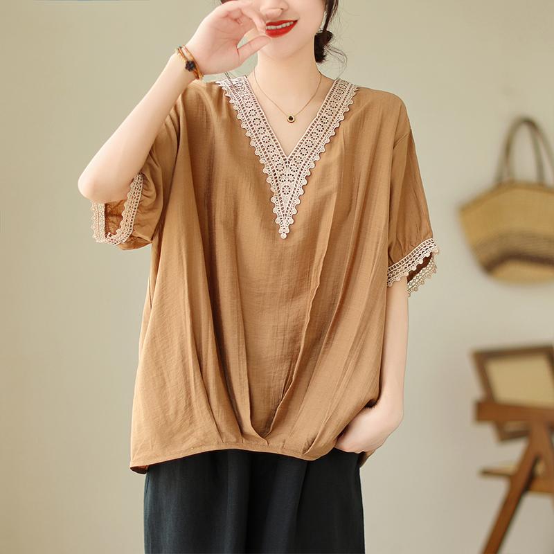 DIMANAF 2025 Summer Plus Size Oversized T-Shirt Women Loose Tops Tees Casual V-Neck New Shirt