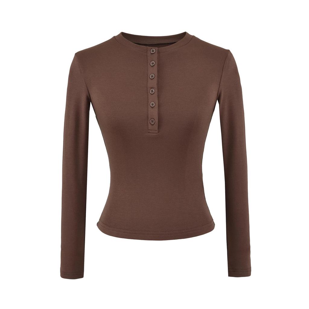 Damen Spicy American Henley Samt-T-Shirt – Warm, Knopfleiste, Langarm für Herbst/Winter, Eng anliegend, Basisschicht