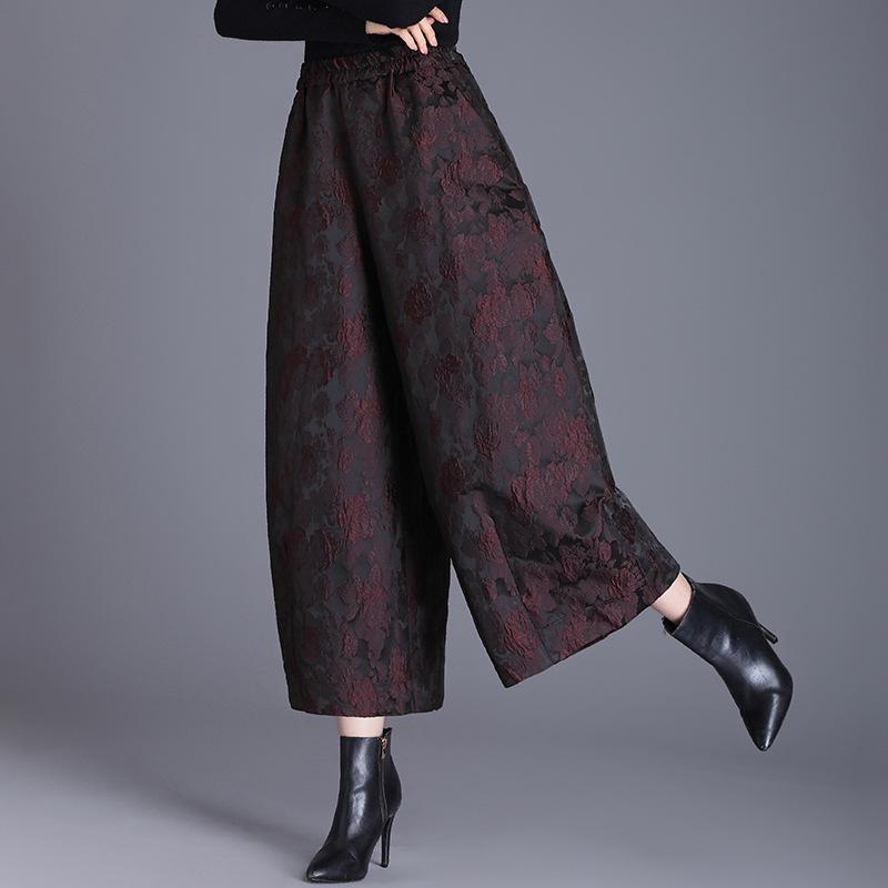 Dámské fleecem podšité embosované žakárové široké zkrácené tulipánové kalhoty - Plus Size, Podzim/Zima, Ležérní bootcut, Vysoká kvalita