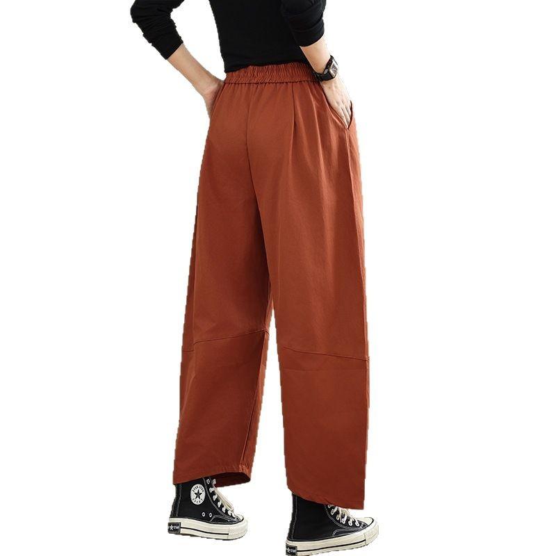 2025 Summer New Korean Version of Temperament Cotton Nine-point Casual Pants Women's Hip Covering and Thin Solid Color Elastic Waist Wide-leg Pants