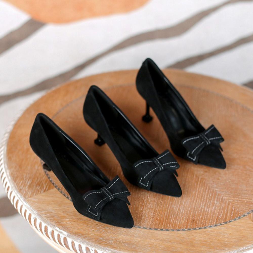 2025 New Spring Autumn Women's French High Heels - Pointed Toe Stiletto Low Heel, Elegant Black Bowknot Single Shoes XCY-6688-5