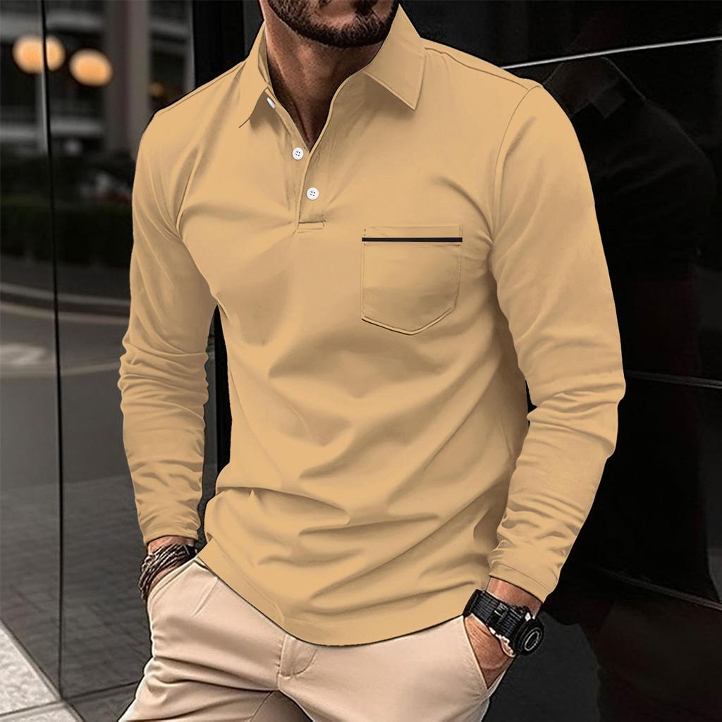 Vår Høst Mann Langermet POLO skjorte Lapel Lomme Sports Polo skjorter for menn