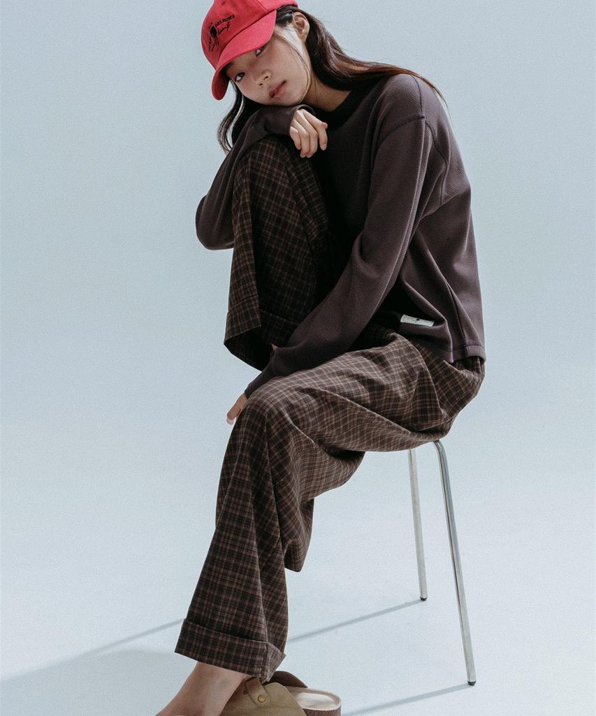 ANNEHEARTS Glen Check Wide Easy Pants_Brown