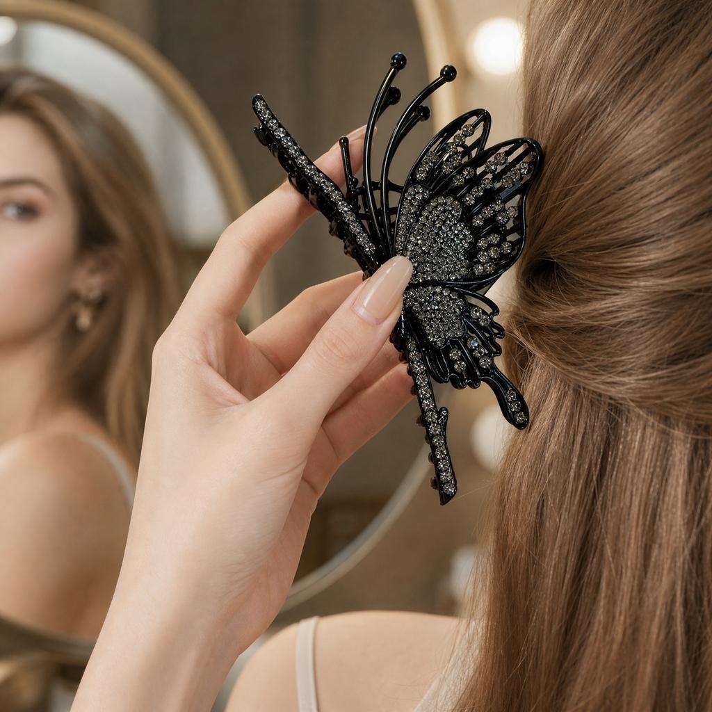 Large Metal Hair Claw Clip for Women High-End Design Rhinestone Butterfly Style Hair Accessories for Updo and Hair Styling