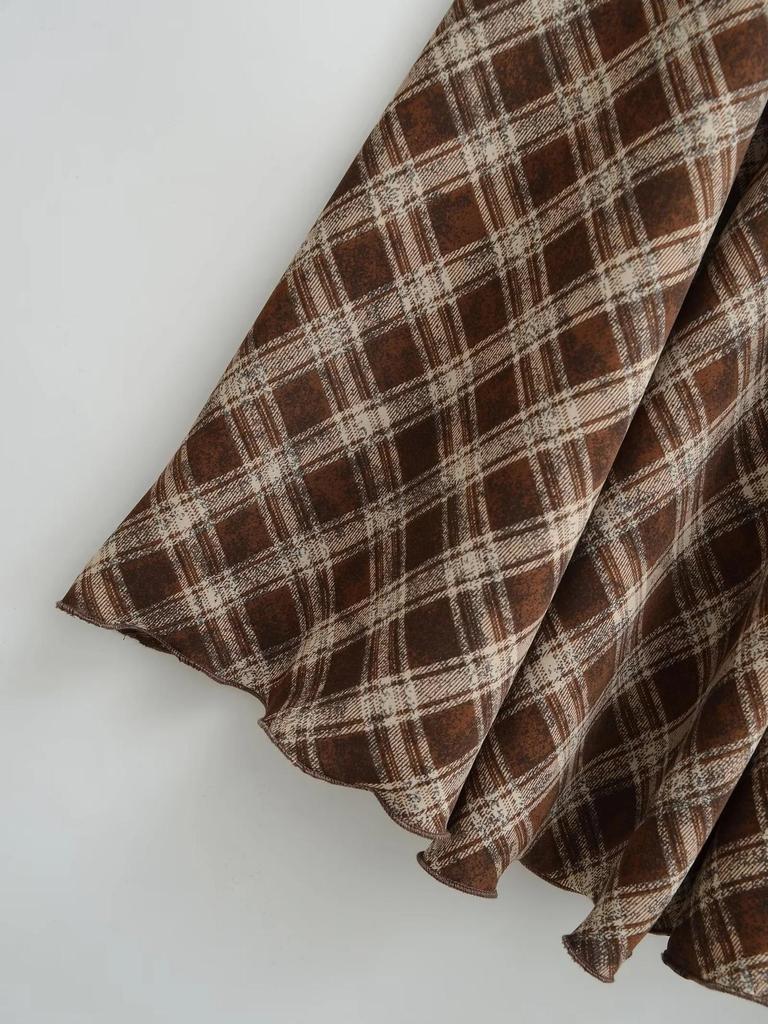 Triangle Panel High-Waisted Plaid A-Line Skirt - Women's Autumn/Winter Retro Style