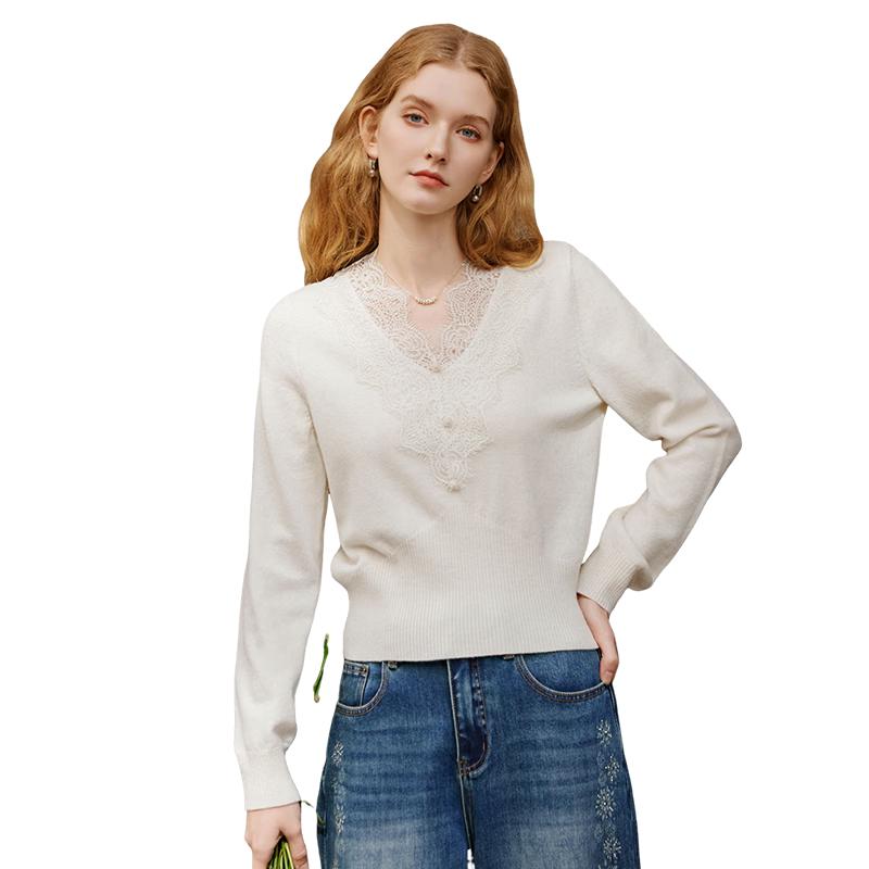 Women s French Style V-Neck Lace Splice Knit Sweater L