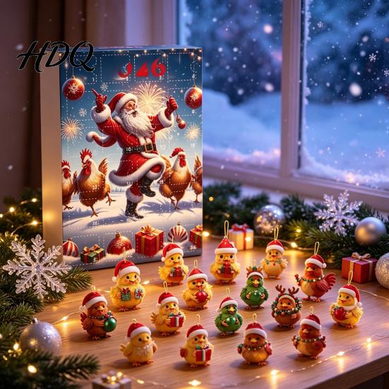 Acrylic Hanging Decorations Chicken Advent Calendar 2026 24 Days Christmas Countdown with 2D Flat Ornament Set Ornament Cartoon Pendant for