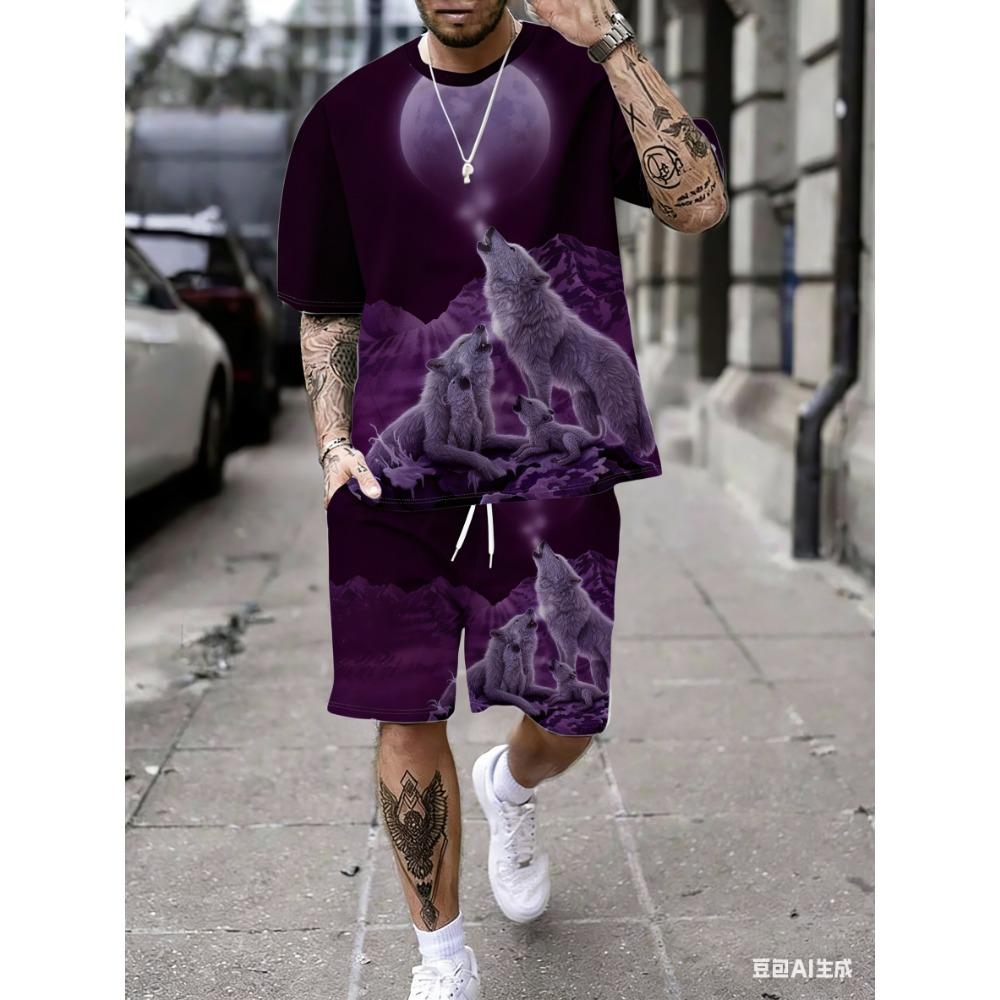 Men's Starry Sky Wolf Pack Print Short-Sleeved T-Shirt and Shorts Set