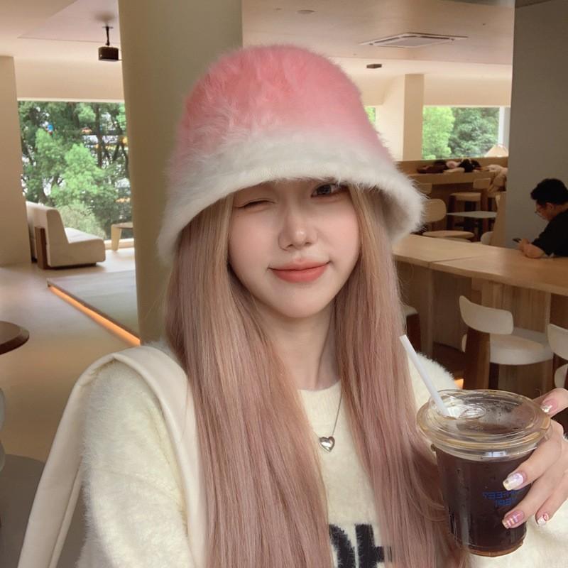 Plush rabbit fur bucket hat women's autumn and winter gradual change color fashion versatile show small face warm ear protector