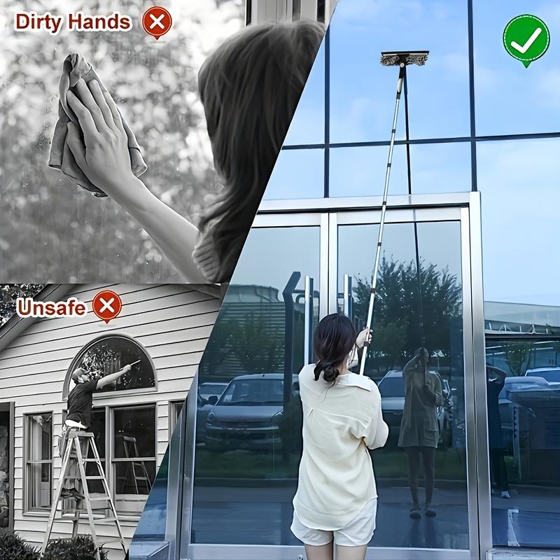 2-in-1 High Waist Window Cleaning with 10 Joint Extension Pole Stainless Steel Scraper and Squeegee Reusable Microfiber Cloth