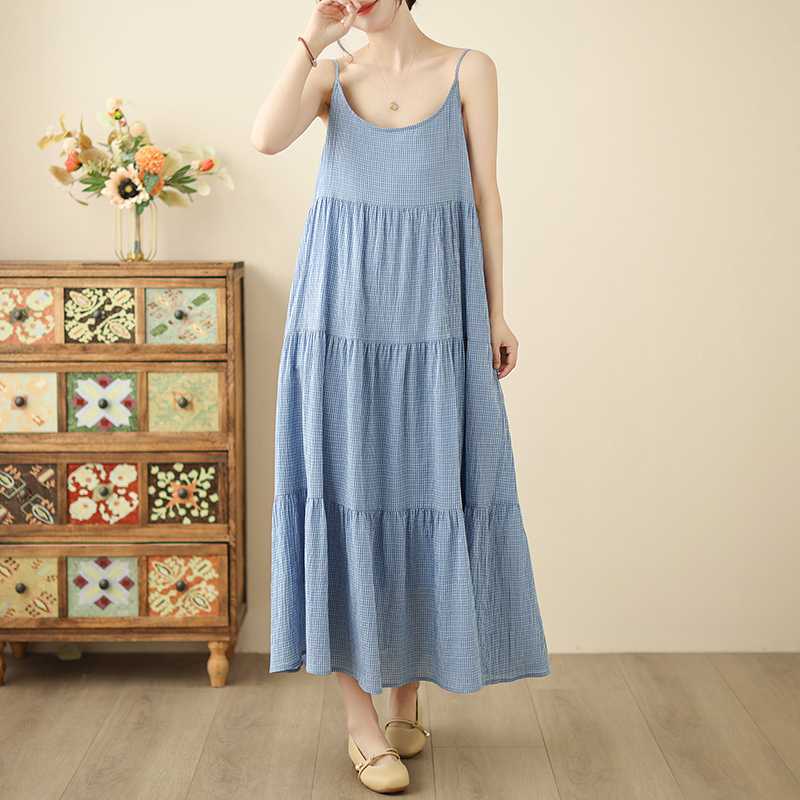 

Женская синяя юбка на подтяжках, свежая и нежная в морском стиле, клетчатое свободное платье без рукавов M синий