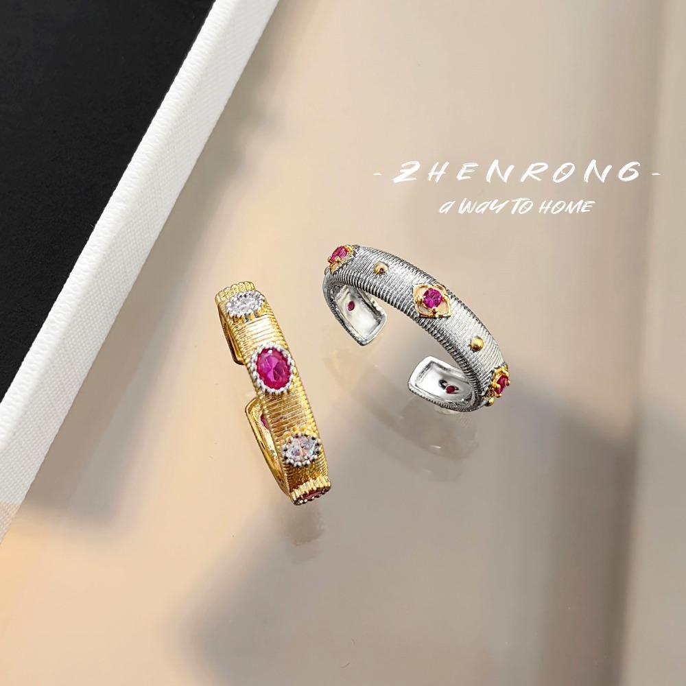 Women Jewelry Set Italian Buccellati Craft Red Corundum Bracelet Diamond Ring Narrow Gold Bangle