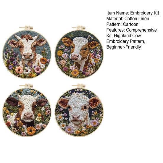 Punch Needle Embroidery Kit Cartoon Highland Cow DIY Embroidery Set with Hoop Punch Needle Starter Craft Kit for Adults And Children