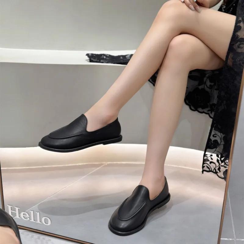 Loafers Women 2025 New Spring One Foot Slip-on Round Toe Shoes Women Genuine Leather Soft Flats Shoes Women