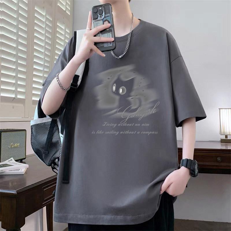 Shortsleeved Unisexs Cotton Tshirt for Summer Pure Cotton Cat Pattern Suitable for Teenagers Loose Fit Halfsleeved Top Dry