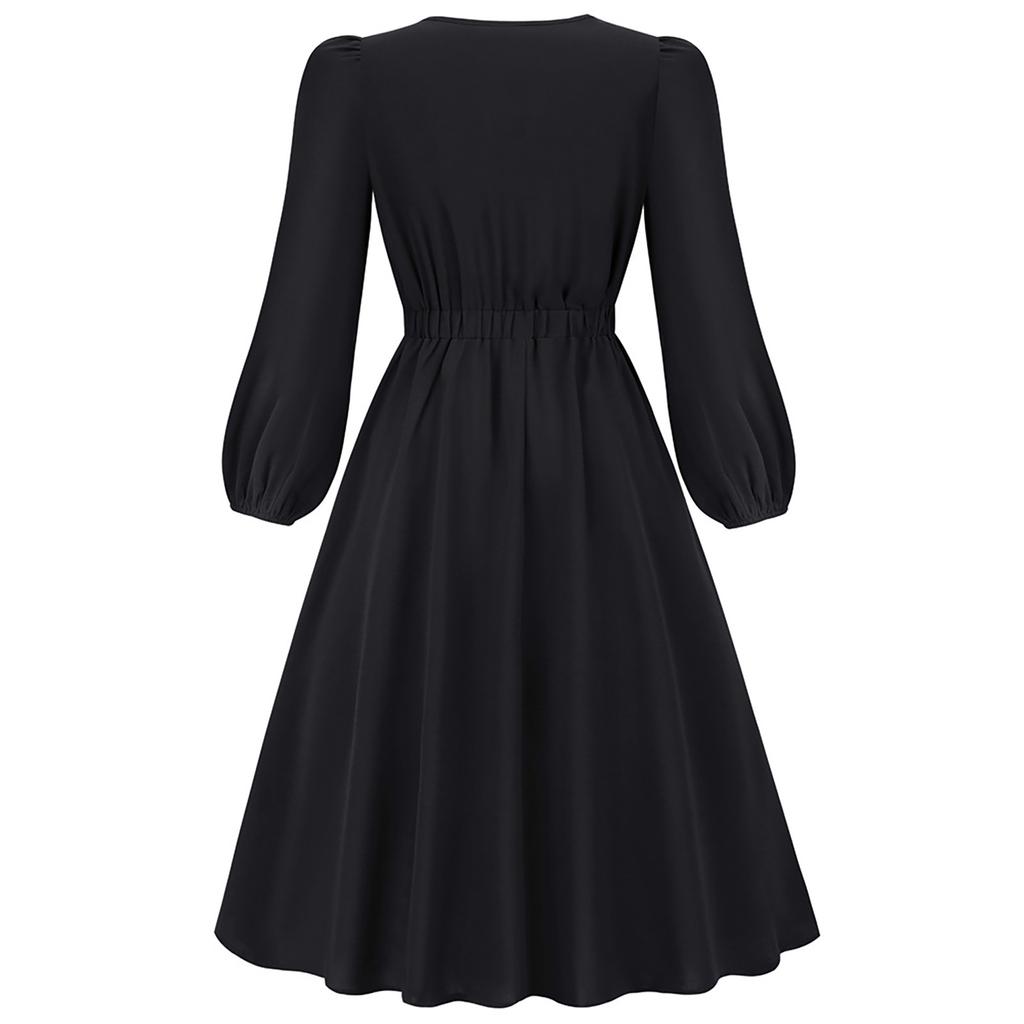 Women's Color Round Neck A-Line Long Sleeve Midi Dress