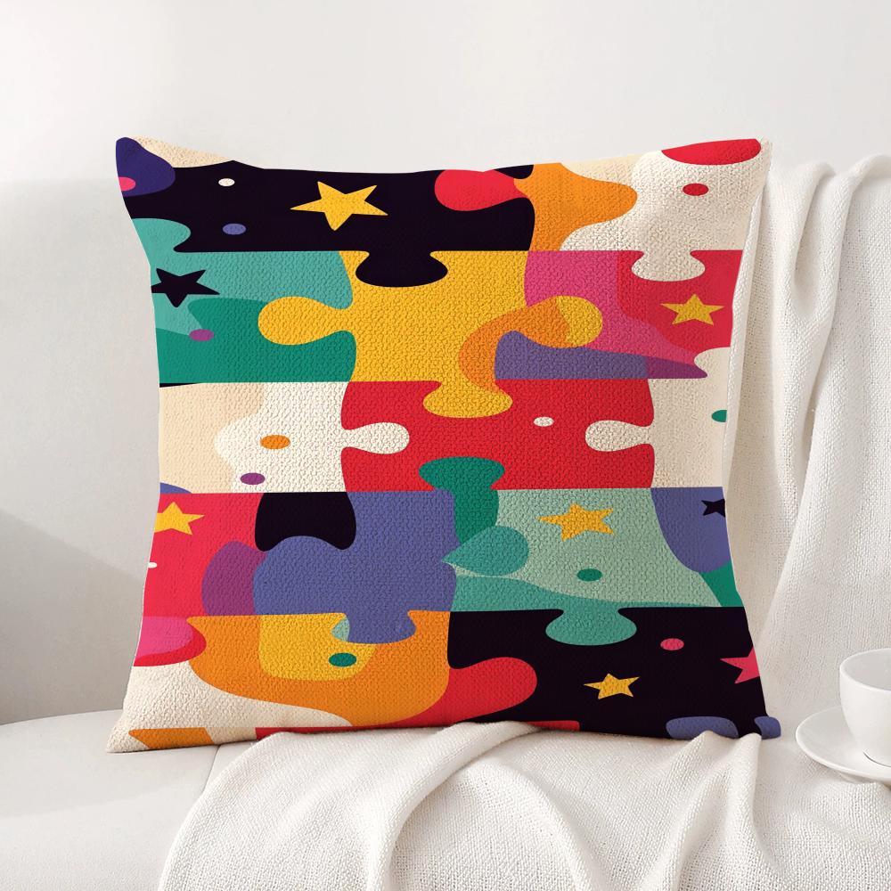 Fun Puzzle Patterns Cushion Cover Natural Linen Organic Fabric DoubleSided Printing Sofa Home Decor Gift Pillow Cover