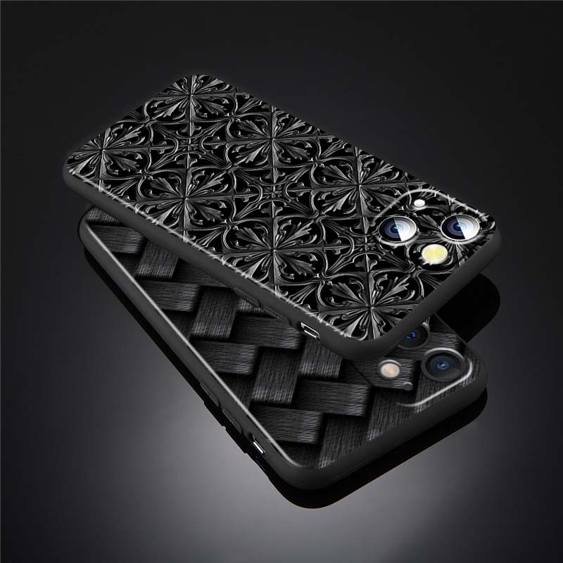 Black Carved Woven Texture Phone Case For Apple iPhone 17 16 16E 15 14 13 12 11 Pro Max Plus Black Soft Silicone