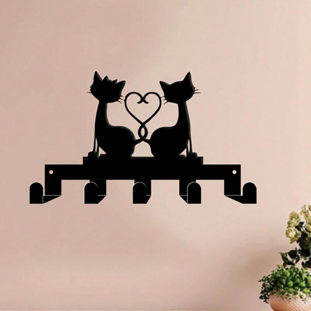 Modern Cat Key Holder with Heart Design Metal Wall Art 5 Hooks Pet Lover Gift Valentine Decor