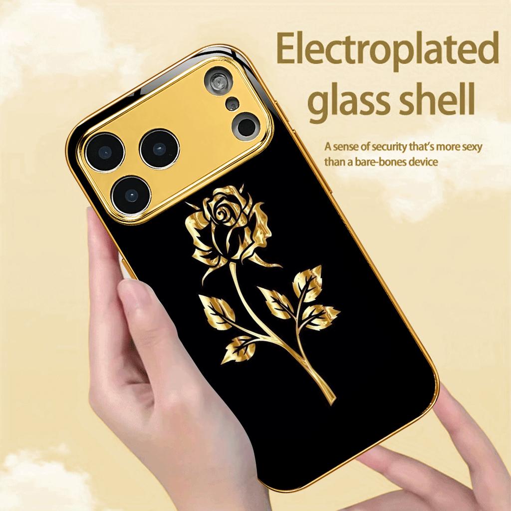 Electroplated Glass Designed Phone Case Gilded Rose Pattern Design For iPhone 17 Air 16 15 14 13 12 Pro Max Plus Hard Shell