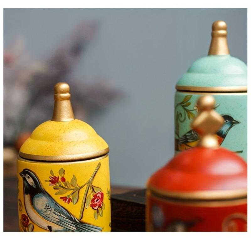 1pc Decorative Ceramic Storage Jar with Lid, Bird Design, Food-Safe Porcelain Tea/Coffee Canister
