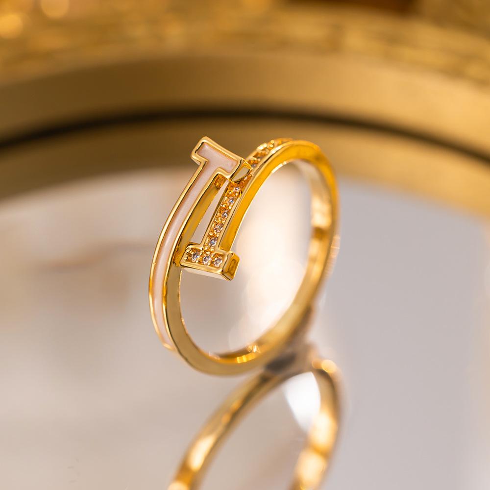 Exquisite super flash zircon ring for girls, light luxury, high-end sense opening adjustable ring, simple real gold electroplating