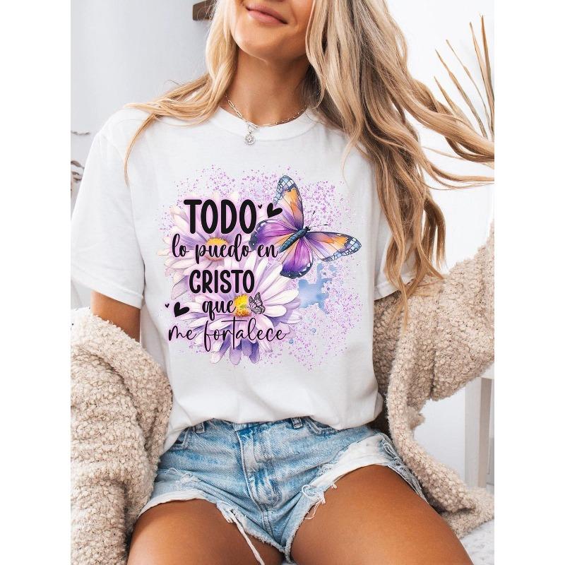 

Women s Christian Spanish Inspirational T-Shirt In Christ I Can Do All Things Purple Butterfly Floral Print Casual Short Sleeve Faith Top 4XL білий