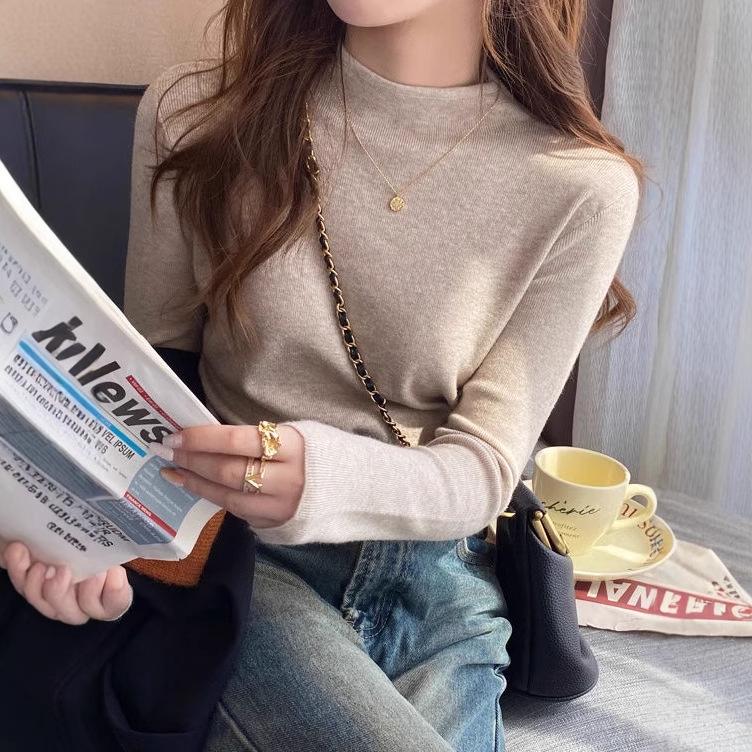 Women's 2024 Black Mock Neck Sweater: Base Layer for Spring & Autumn, Loose Half-High Neck Top.