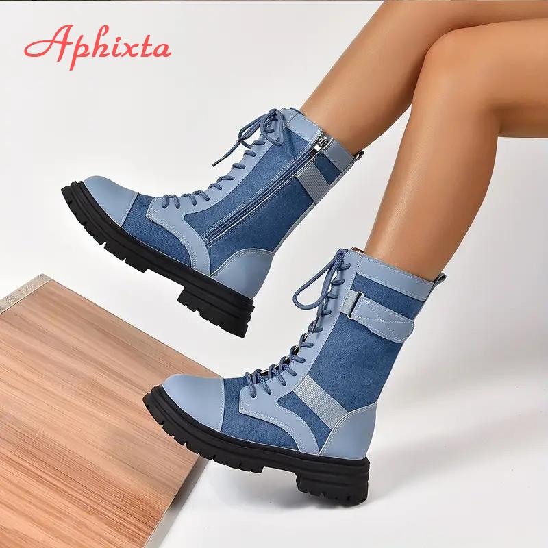 

Fashion Aphixta Retro Lace Up Women Boots Side Zip Modern Boots Women Boots Blue 4CM Square Heel Lady Footwear Shoes botas mujer botines 35 синий