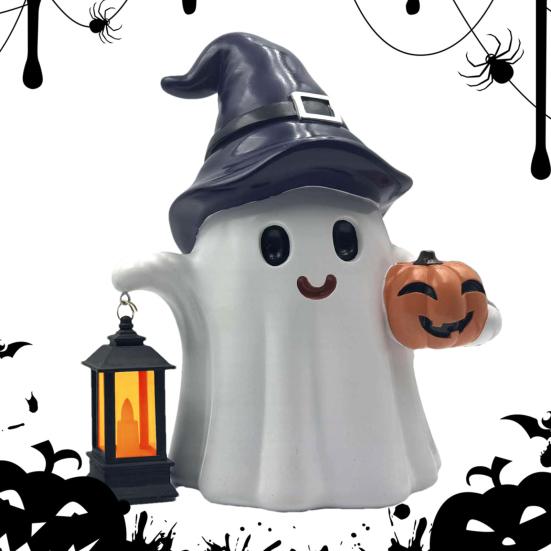 Ghost Statue Solar/Battery-Powered Weather Resistant Resin Whimsical Ghost Pumpkin Design Ornament Halloween