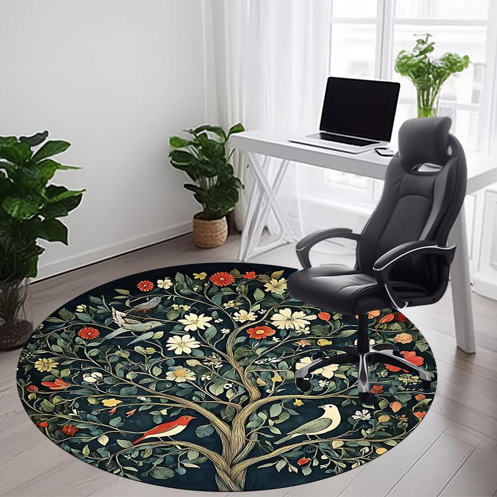 1PC Floral Tree Birds Office Round Area Rug,  Mat Suitable ForOffice, Under Office Chairs Bedroom Living Room Home Decor, Room Deco
