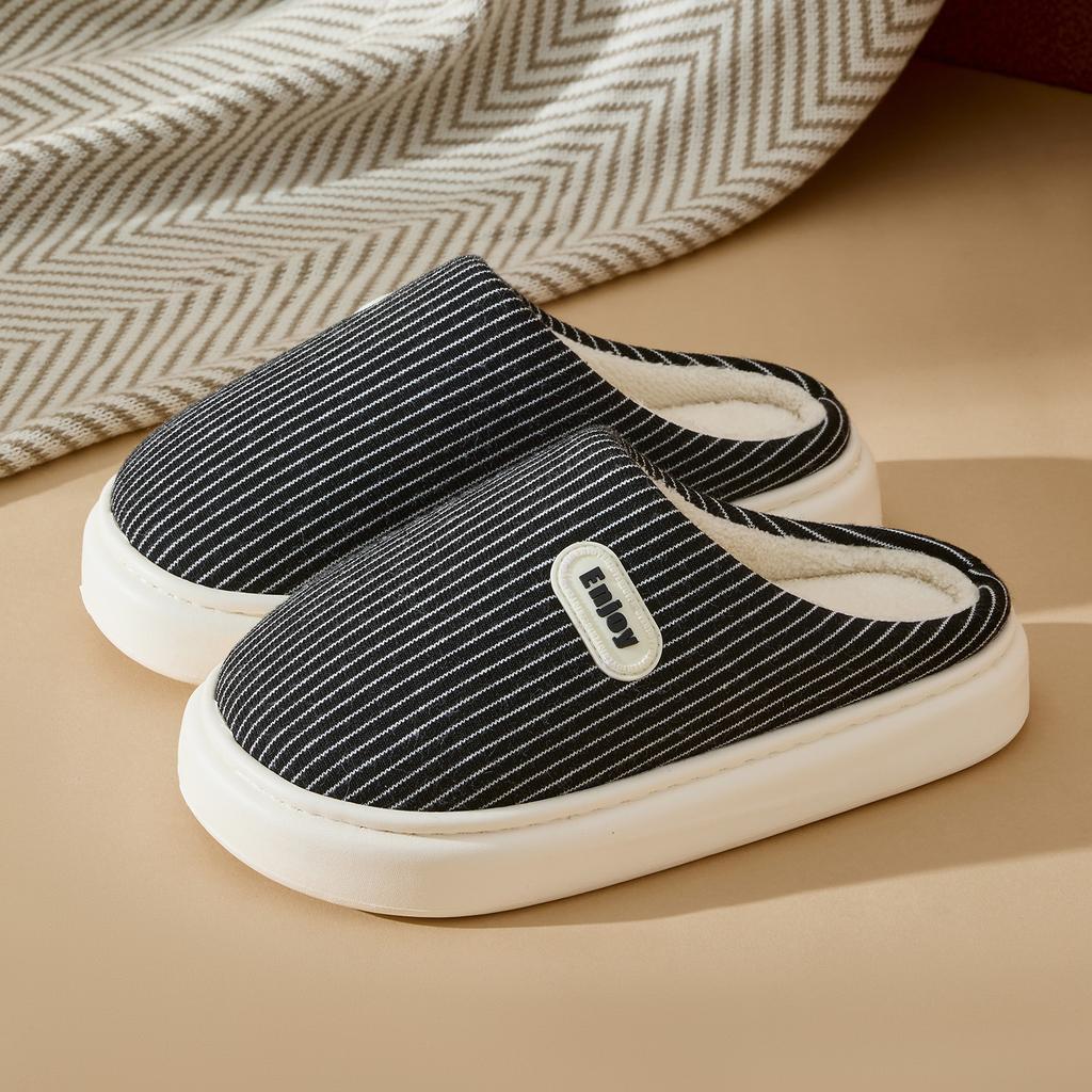 Striped Cotton Slippers Autumn and Winter New Indoor Home Non-slip Thick Bottom Velvet Warm Advanced Couple Cotton Mop