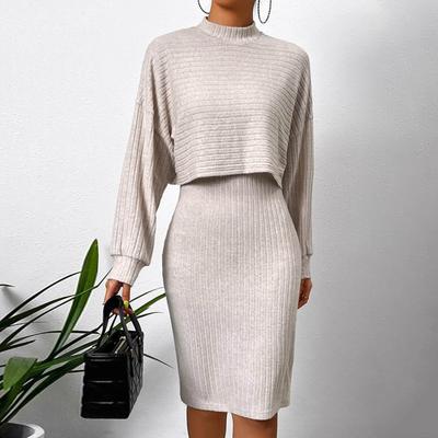Ladies Flower Pin Sweater Long Sleeve Round Neck One-line Skirt Set Skirt