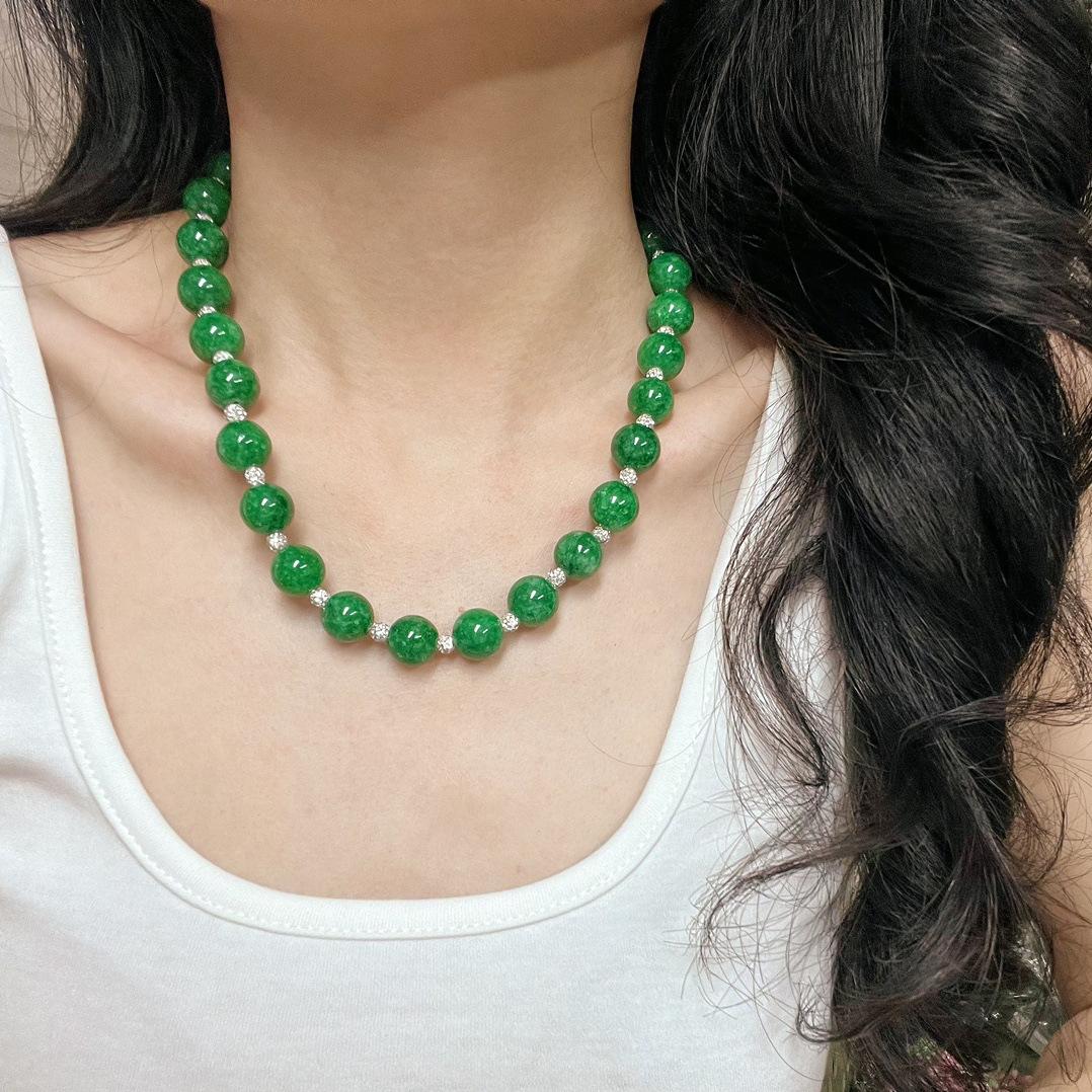 New Chinese Retro Style 10mm Niche Retro Quartzite Jade Green Dark Green Simulation Dry Blue Jadeite Round Bead Necklace