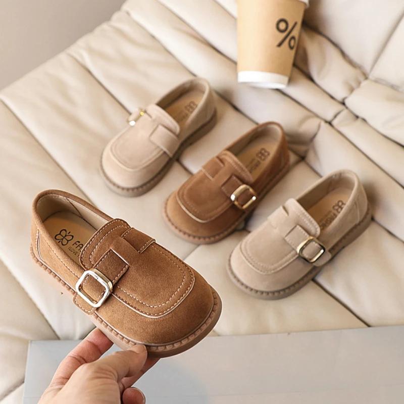 Kids Causal Moccasins Solid Color Girls Fashion Leather Shoes Simple Spring Autumn Versatile Children Retro Flat Shoes Non-slip