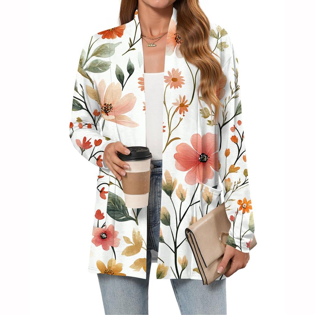 Damenmode Lässiger Langarm-Cardigan Dünne Lockere Cardigan-Jacke mit Taschen