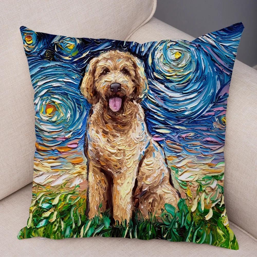 Colorful Oil Painting Pet Animal Pillowcase Starry Sky Art Cartoon Dog Cushion Cover Decorative Sofa