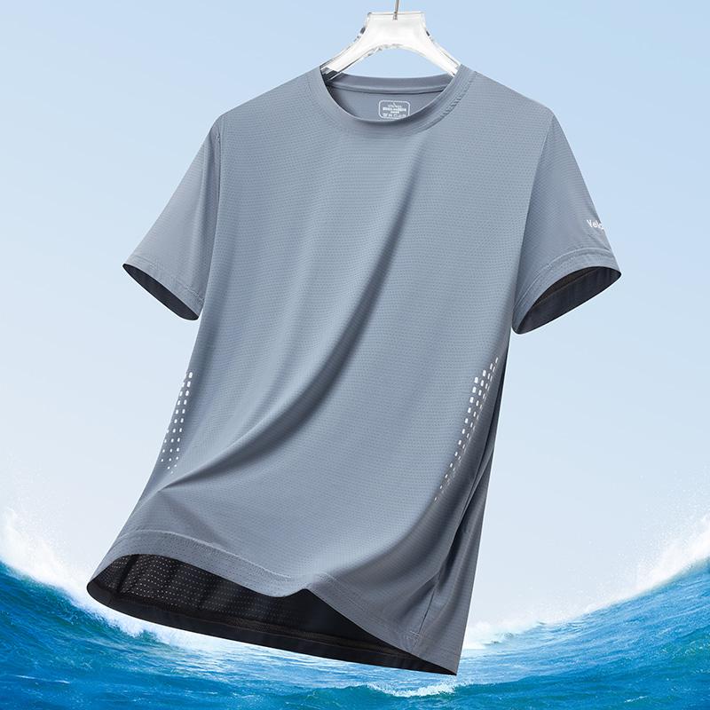Men's Silk Ice Round Collar T-shirt, Simple Running Fitness Suit, Breathable Thin T-shirt, Quick Dry T-shirt, Summer