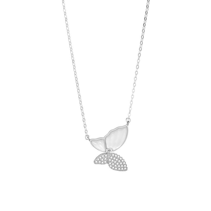 Sterling Silver Butterfly Pendant Necklace with White Mother-of-Pearl and Clavicle Chain