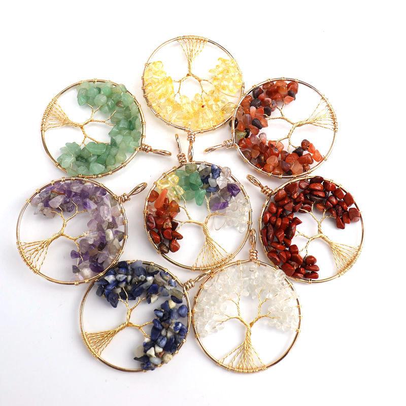 Color-Preserving Gold Hand-Wrapped Natural Crystal Gravel Tree Of Life Necklace Fortune Tree Necklace N47