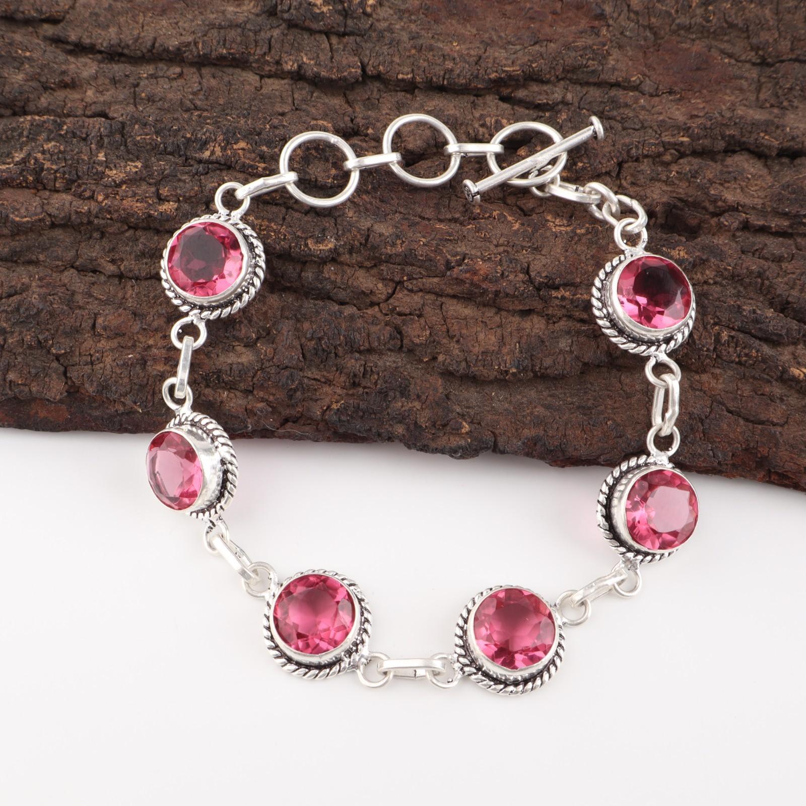 

Rare Pink Tourmaline Gemstone 925 Sterling Silver Handmade Jewelry Bracelet 7-9 RB-16-11