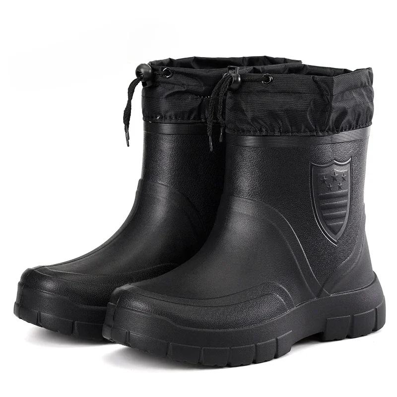 2024 Men Warm Light Ankle Rainboots Winter Windproof Cotton Rain Boots Fashion Black Slip On Rain Shoes Men Waterproof Work Boot