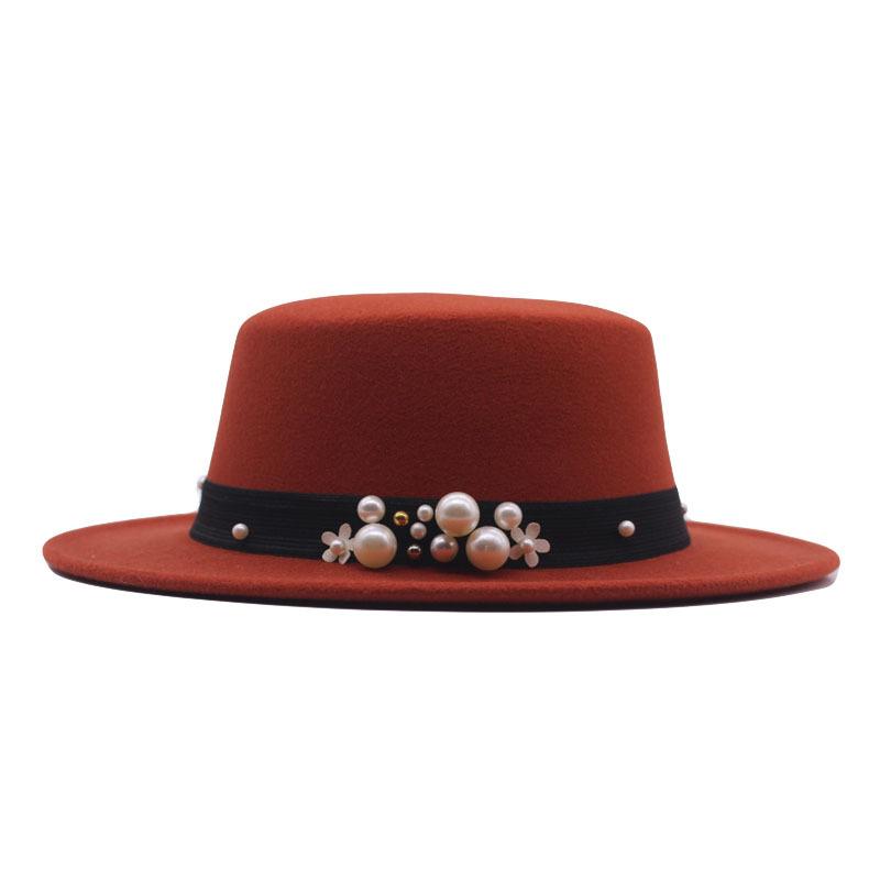 New Flat Top Flat Brim Top Hat Men's and Women's Retro Pearl Fashion British Woolen Hat