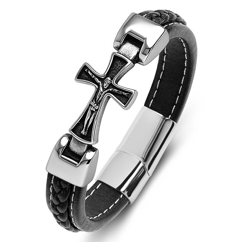 2026 Classic Religious Totem Cross Men's High-end Leather Bracelet