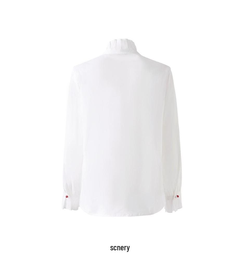 Damen Hemd aus reiner Baumwolle mit französischem Rüschenbesatz - Frühlings-Oberteil mit Micro-Flare Langarm