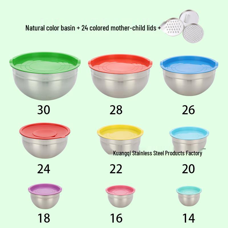 American-Style Silicone-Lidded Salad Bowl Set - Stainless Steel, Multi-purpose for Cooking, Baking, and Egg Beating.