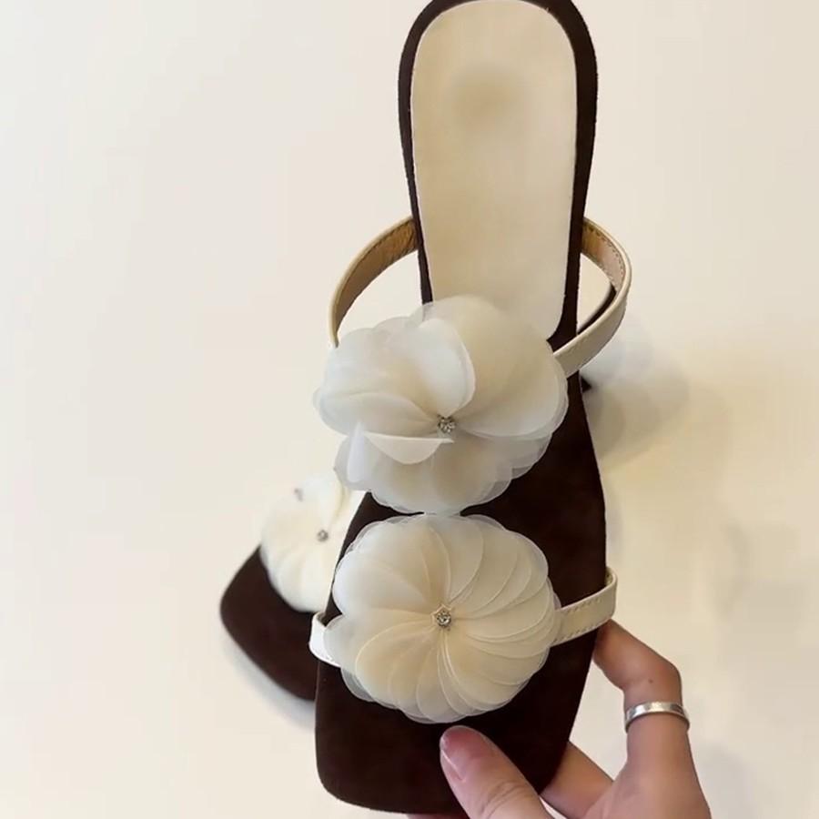 Luo Fansen~ Design di nicchia Sandali con zeppa francese a fiore quadrati con plateau da donna per l'estate
