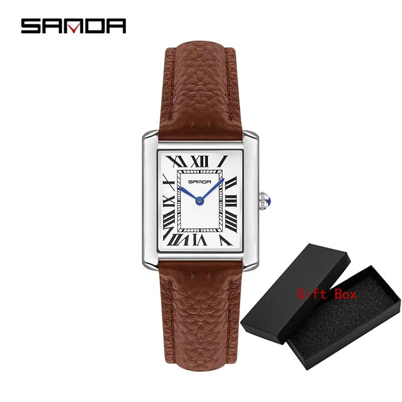 Sanda Rectangular Wrist Watches Women Man Unsex Silver Case Luxury Top Brand Leather Band Quartz Clock Zegarek Damski 1108